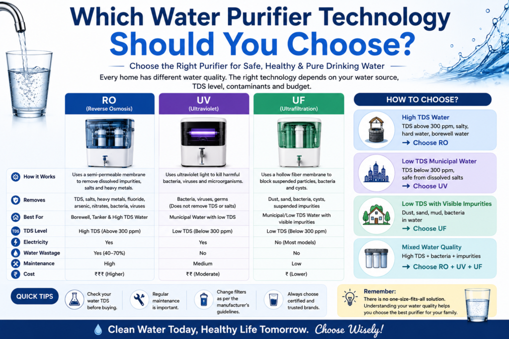 RO vs UV vs UF Water Purifier